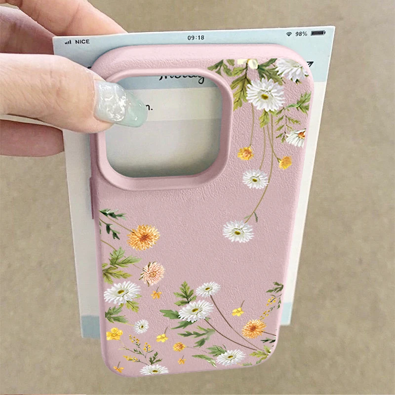 Floral Flowers Pattern Phone Case For iPhone 17 16 15 14 13 Pro Max 17 Air 16e 15 12 Pro 11 Leather Texture TPU Soft Cover Funda