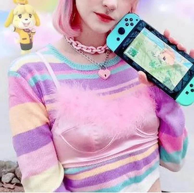 Sexy Y2k Aesthetic Long Sleeve Knitwear Women O Neck Sweater Pink Purple Striped Cropped Tops Pullover Spring Fashion Sweaters