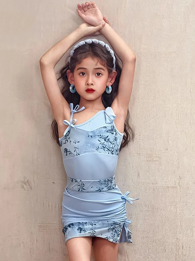 Kinderen Meisjes Latin Dancewear Print Romper en Split Trekkoord Rok Kinderen Dansen Rumba Chacha Competitie Danskostuum