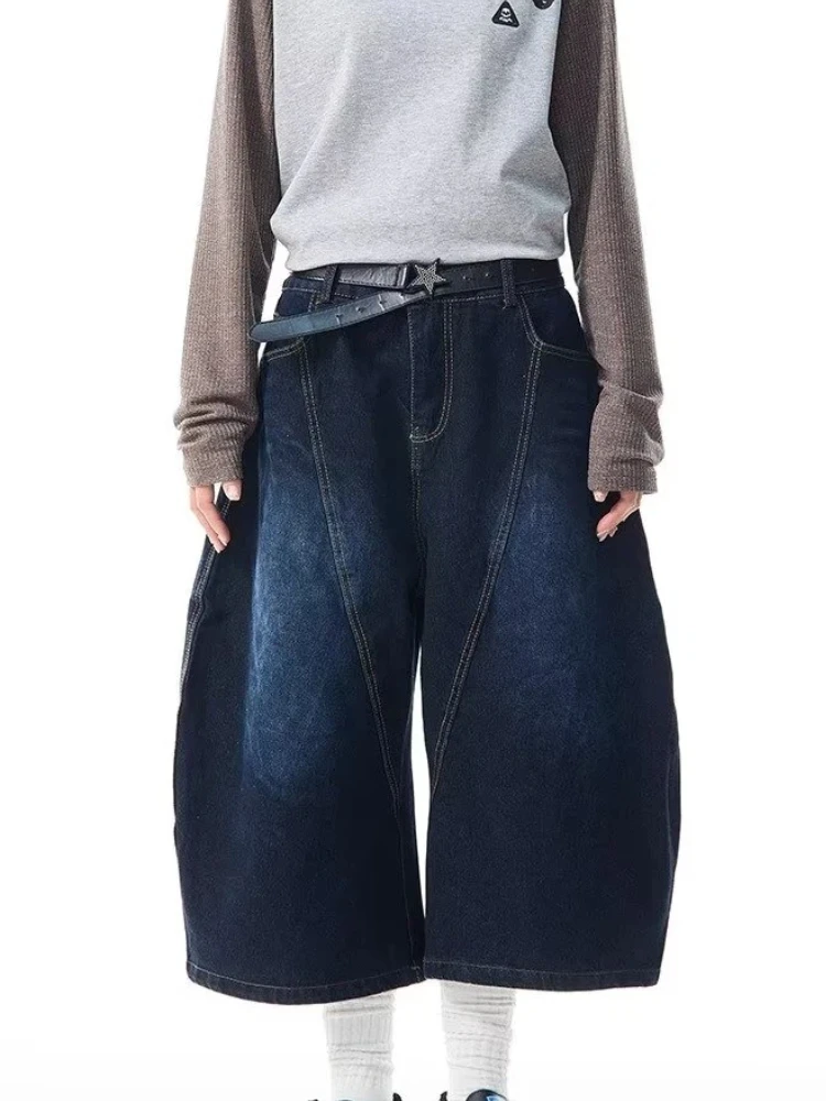 Men's Women's 2026 Summer American Retro Embroidered Curved Denim Shorts Loose Wide Leg Capri Pants Streetwear Jeans - view 5