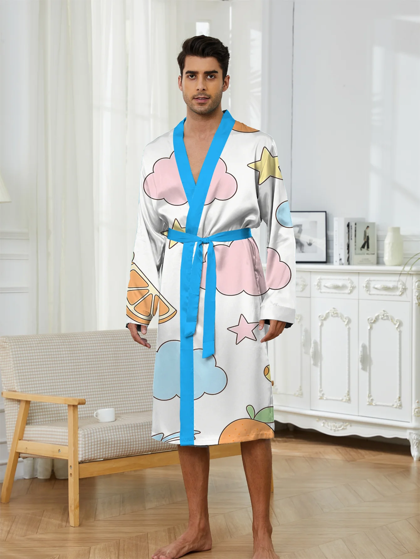Spring and Autumn Men's 3D Digital Printed Casual Fashion Bathrobe, Loose and Comfortable, Non Fading Home Furnishings