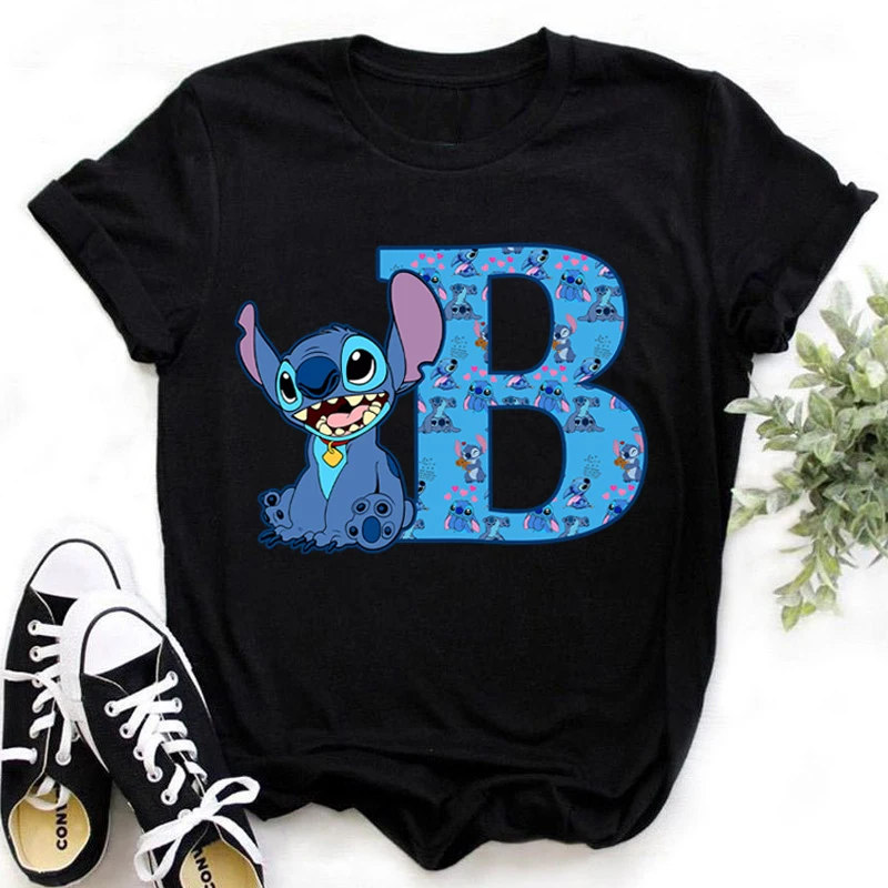 Disney Lilo&Stitch Alphabet A-Z T-shirts for Women Men Anime Fashion Printing Short Sleeved Shirt Boys Girls Summer Hip Hop Top