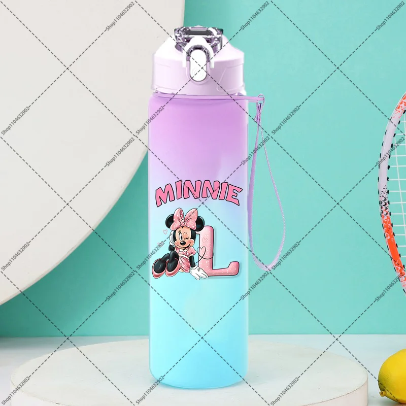 750ML Minnie Mickey Mouse Botol Air Lucu Kartun Anime Huruf A-Z Dicetak Warna Gradien Botol Olahraga Hadiah Pesta Ulang Tahun