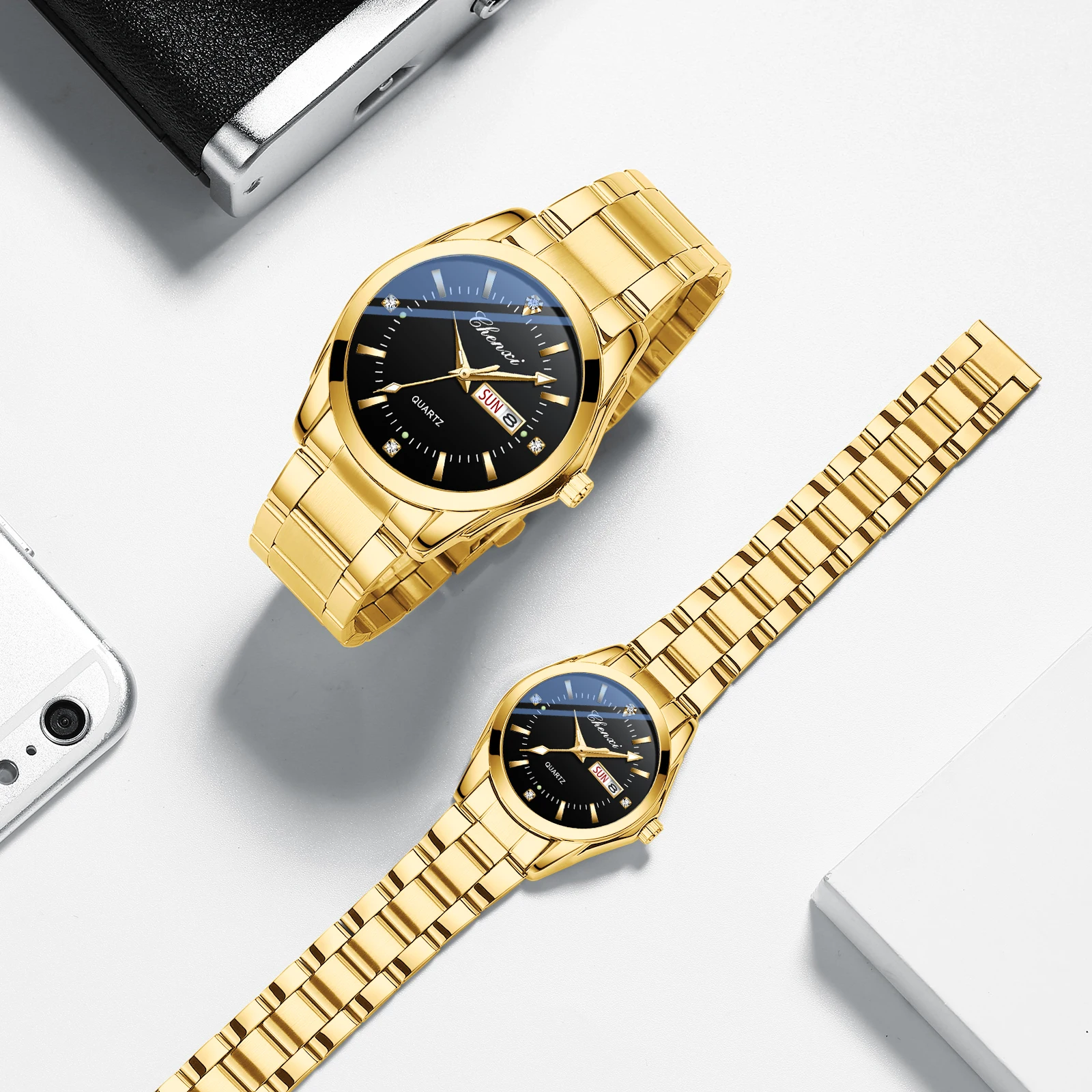 CHENXI-relojes de pareja dorados de acero inoxidable, resistente al agua, para hombre y mujer, par de relojes de cuarzo con calendario semanal de