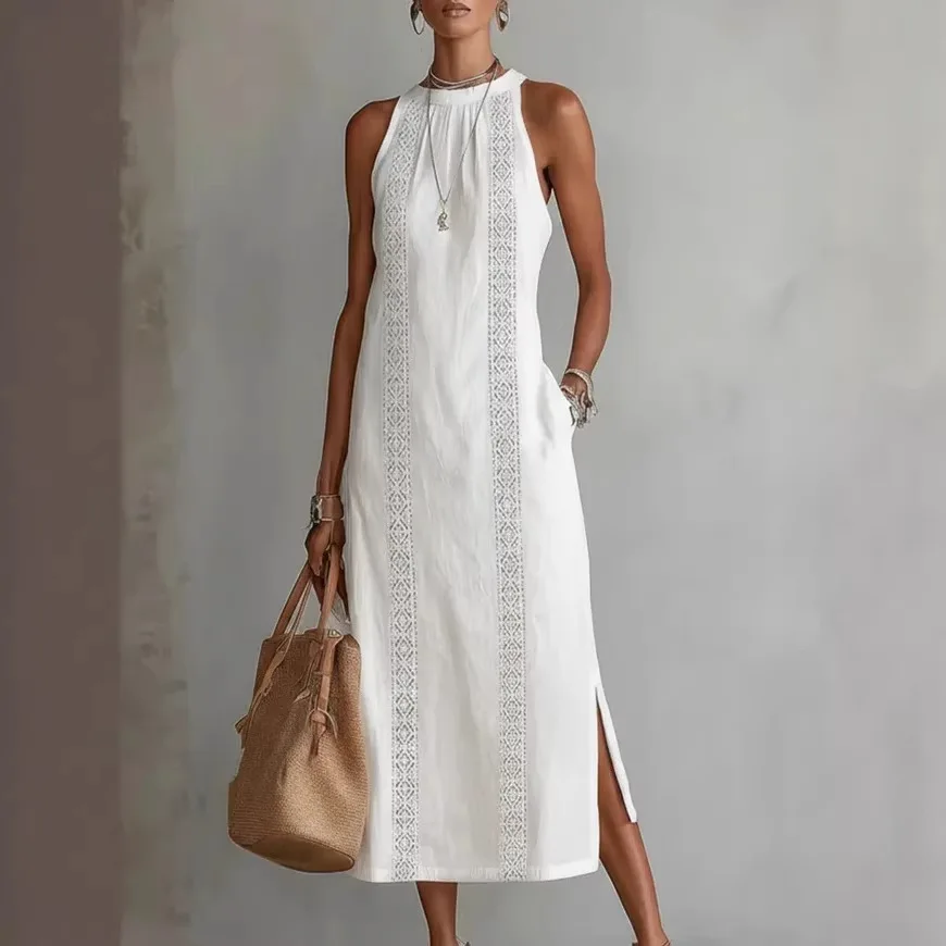 Modisches Spitzen-Maxikleid für Damen Sommer 2026 Lässiges Weißes Ärmelloses Schulterfreies Langes Kleid Elegant