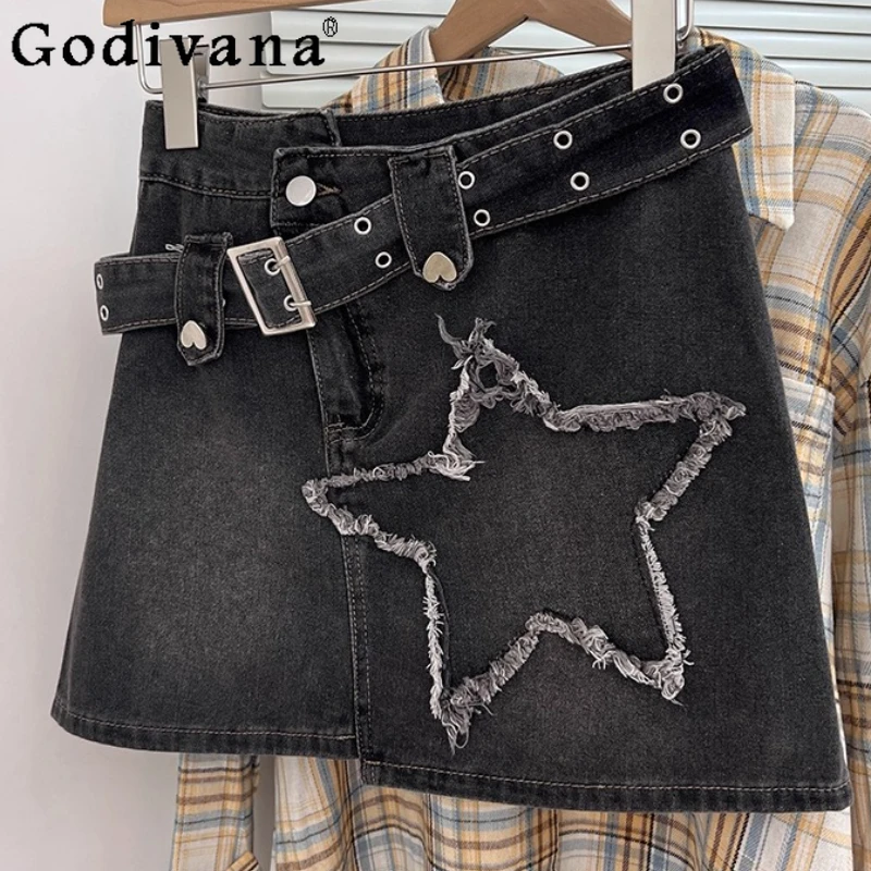 

Large Size L-4XL Star Splicing Girl Summer High Waist Age-reducing Denim Skirt Black Gray A-line Irregular Korean Short Skirts