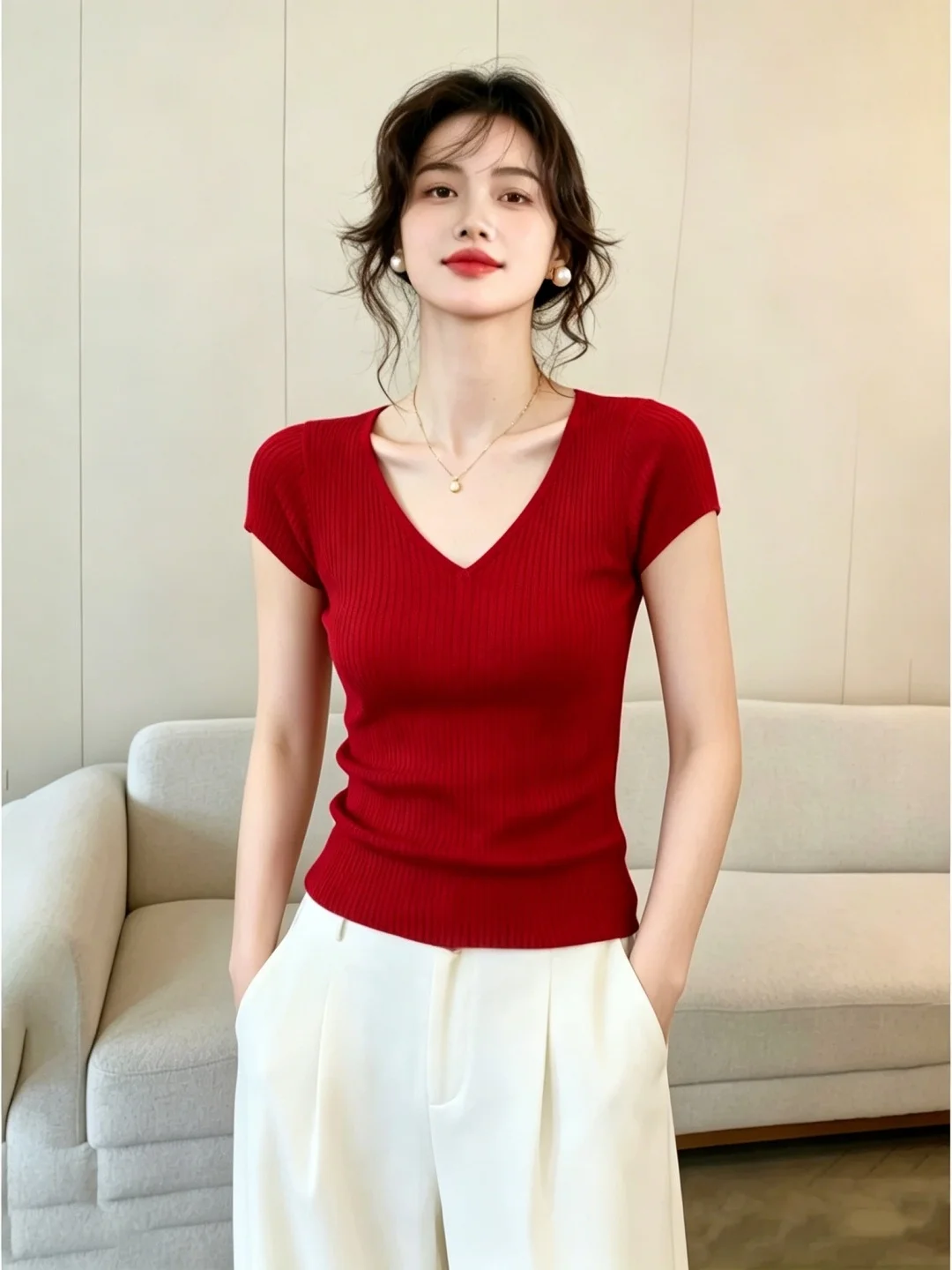 Slim Fit Ice Silk Knitted V-Neck Top Pure Color Retro Fashionable Korean Style Commute Design Summer 2026 Women's Silk Shirt