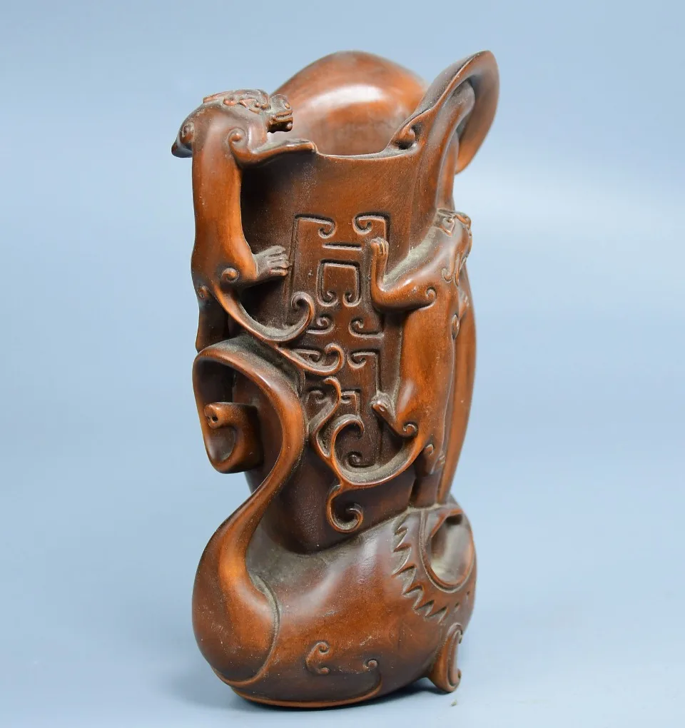 Old Boxwood Dragon statue pattern Dragon cup pen holder Study Ornaments Town house Exorcism