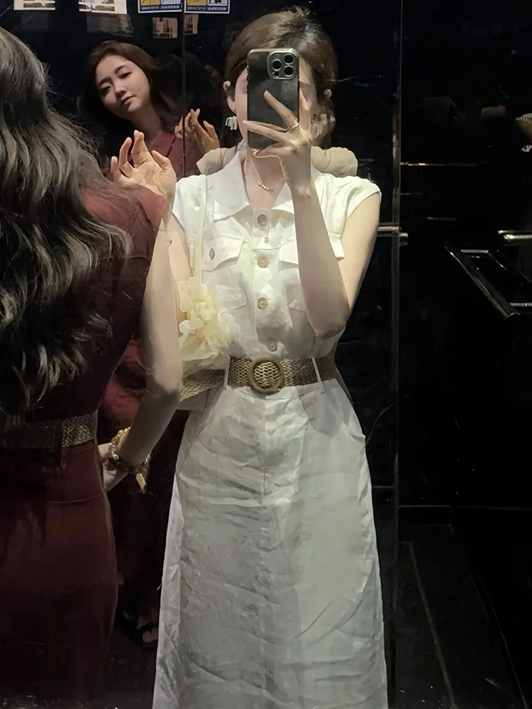 Ele White Dr 2025 Nowa Letnia Casualowa Spódnica w Kształcie Litery A z Wysokim Stanem z Miękkiego Materiału, Do Pracy i Codziennego Użytku, Bez Kołnierzyka, Bez Rękawów