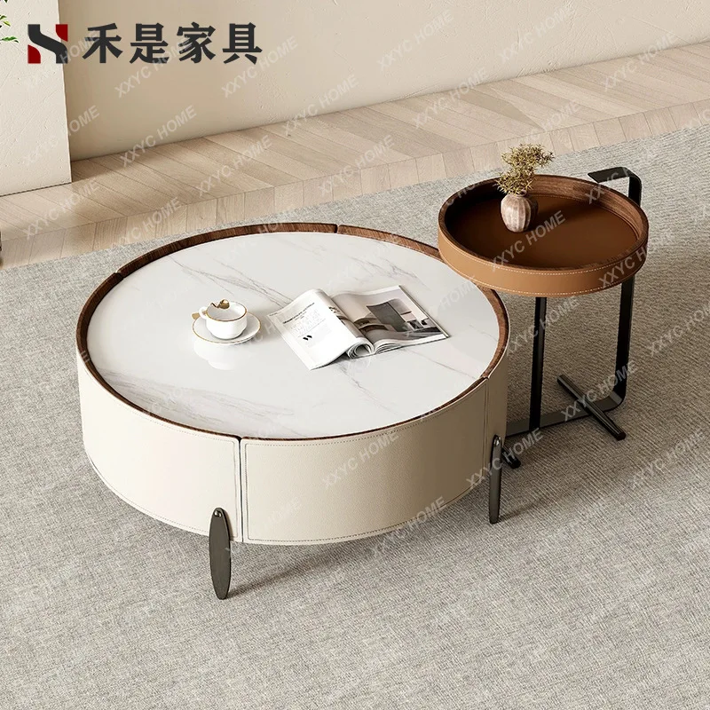 

LXlight luxury high-end saddle leather round rock slab coffee table combination simple