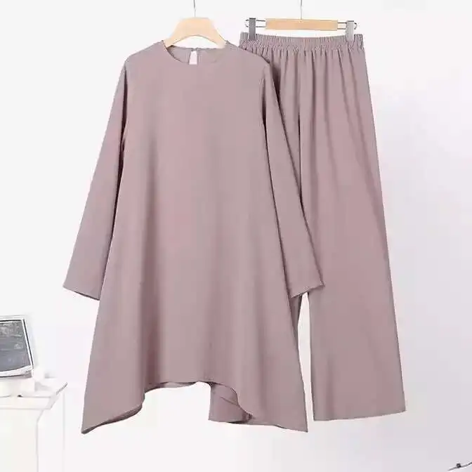 2025 Muslim Women's Spring and Autumn Solid Color Round Neck Pullover,  Mid Skirt, Long Pants, Fashionable Casual Suit Elegant