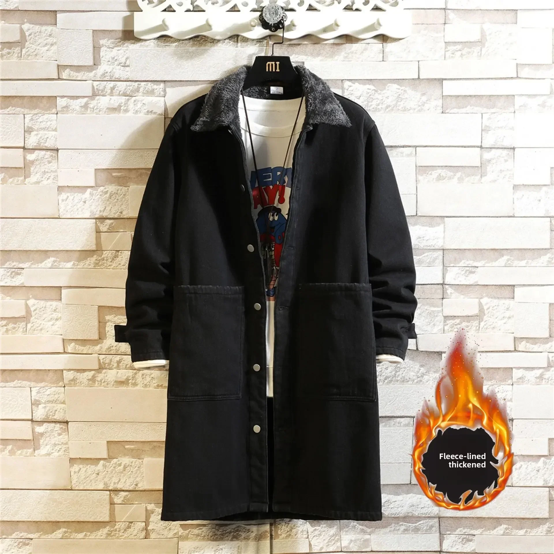 

Retro Denim Style Men's Long Coat Casual Oversized Fleece-Lined Collar Jacket Autumn Winter Japanese Trend Loose Fit Outerwear