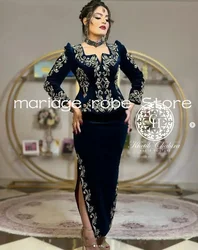 Navy Blue Velvet Mermaid Prom Formal Dresses Arabic Caftan Tea-length Peplum Karakou Algérien Albanian Evening Dress customsized