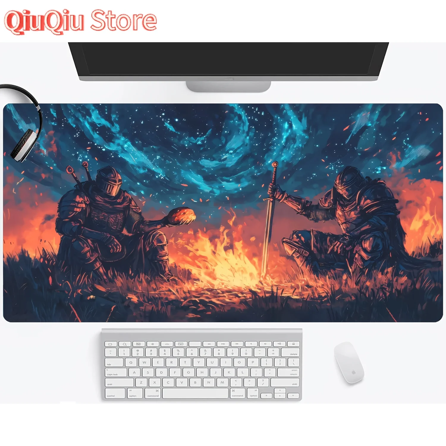 قطعة واحدة من Bonfire Knight مع لوحة ماوس كبيرة على السيف - حصيرة لوحة مفاتيح فائقة النعومة، قاعدة مطاطية غير قابلة للانزلاق، حواف مخيطة، سطح بوليستر