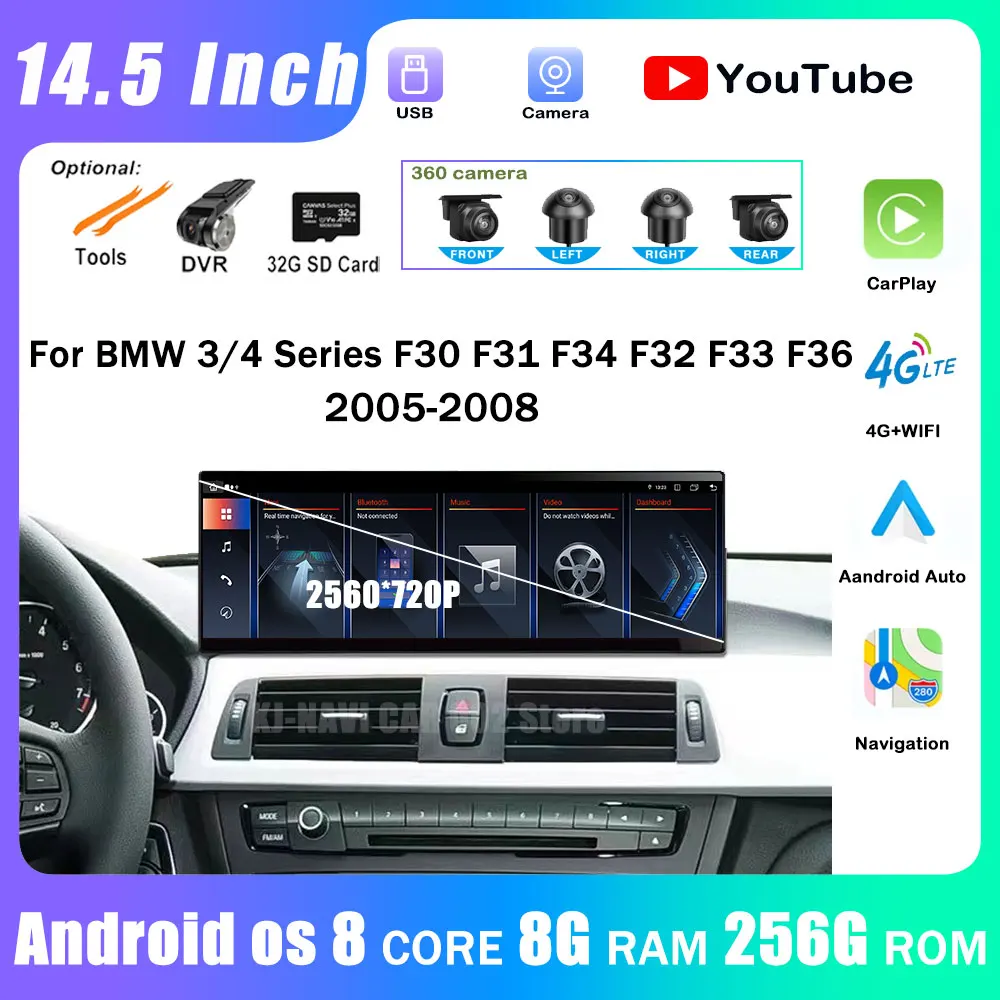

14,5 ''Android 14 для BMW 3/4 серии F30 F31 F34 F32 F33 F36 QLED 2560*720P CarPlay стерео плеер радио мультимедийная навигация