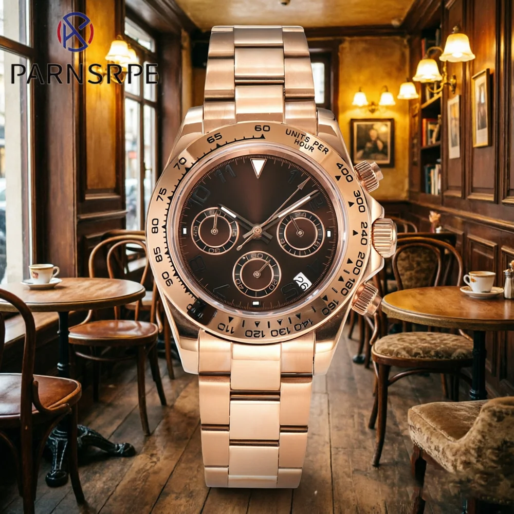 New 40mm Rose Gold VK63 Quartz Watch Chronograph Stainless steel case Sapphire Glass Panda Luminous Waterproof Date Wristwatch