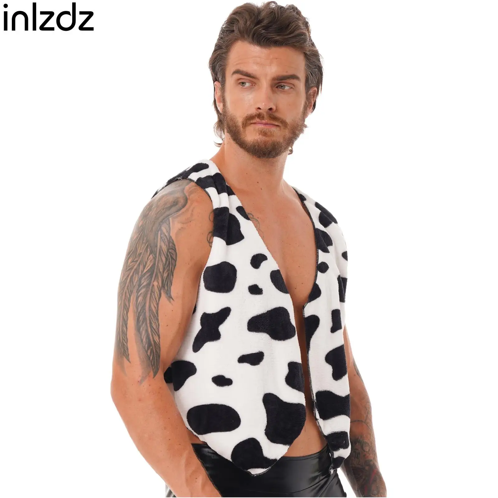 

Men's Cow Print Vest Tops Halloween Festival Cowboy Cosplay Costume Open Front V Neck Sleeveless Vest Flannel Waistcoat Tops