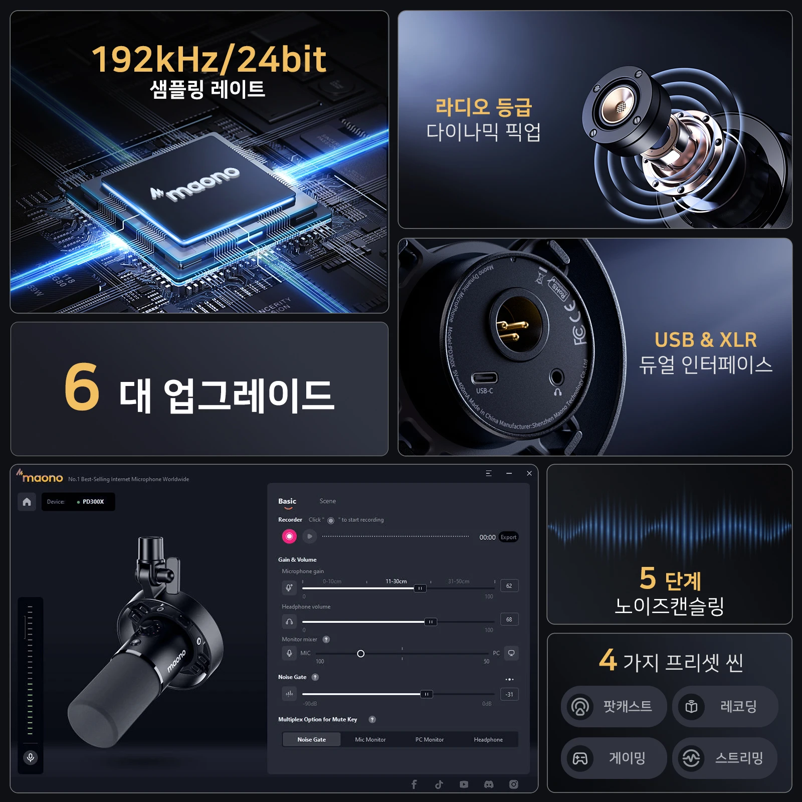 MAONO PD300X 다이나믹 마이크 XLR USB 팟캐스트 마이크 192kHz/24bit 콘텐츠 제작용 마이크 홈 오디오 스튜디오 녹음용