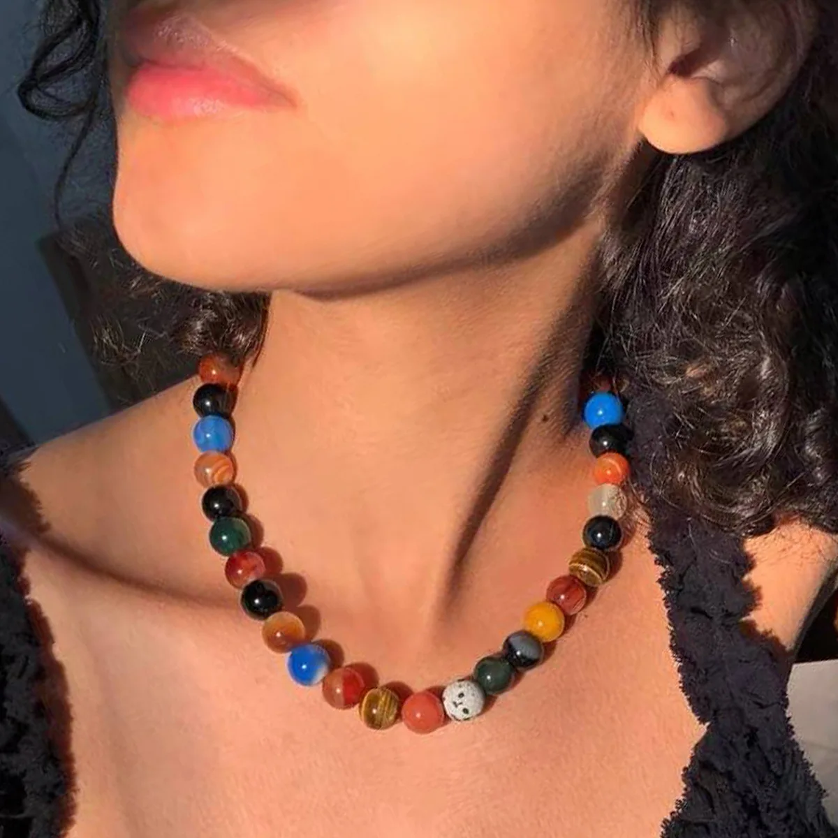 Colorful Agate Bead Necklace - Trendy Romantic Universe Planet Choker for Vacation - Unique Seven-Color Design