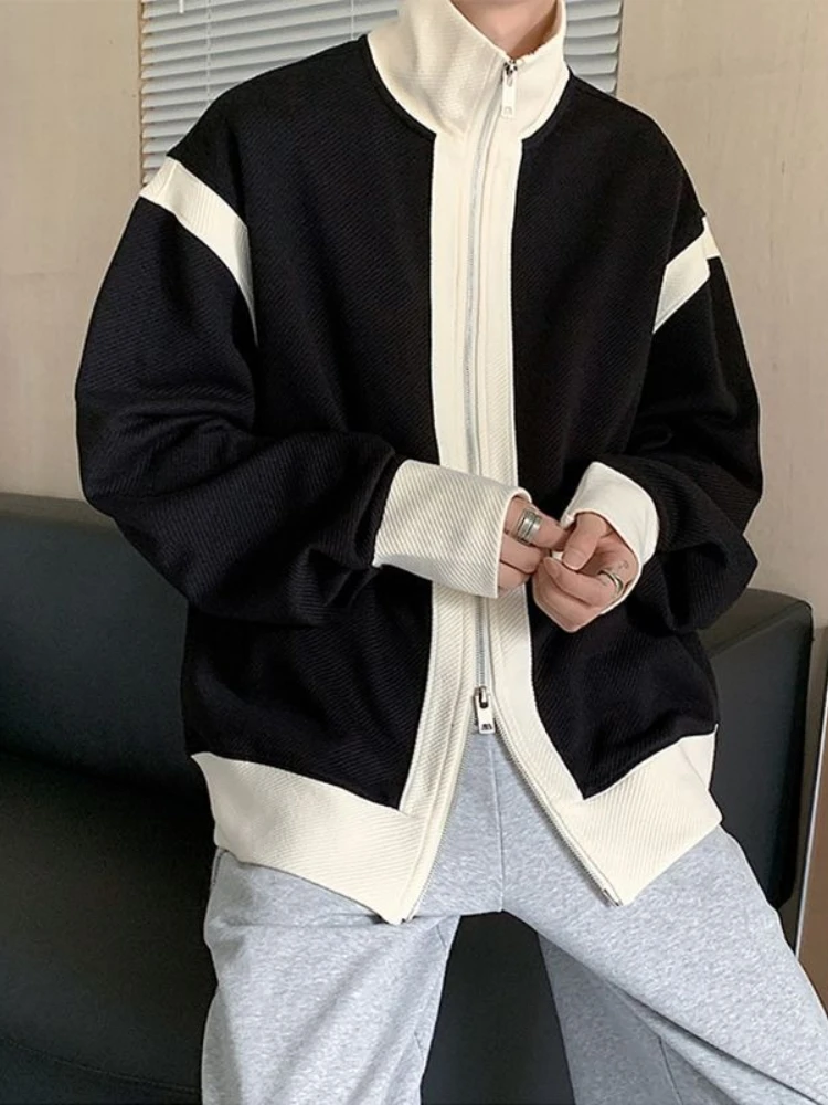 

Мужская модная куртка свободного покроя с двойной молнией — осенняя верхняя одежда в уличном стиле с цветными блоками, вязаный пуловер с хипстерской крутой атмосферой