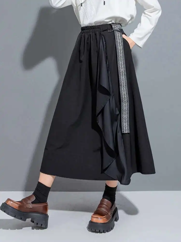 

High Elastic Waist Black Irregular Ribbon Midi A-line Half-body Skirt Women Fashion Tide New Spring Autumn