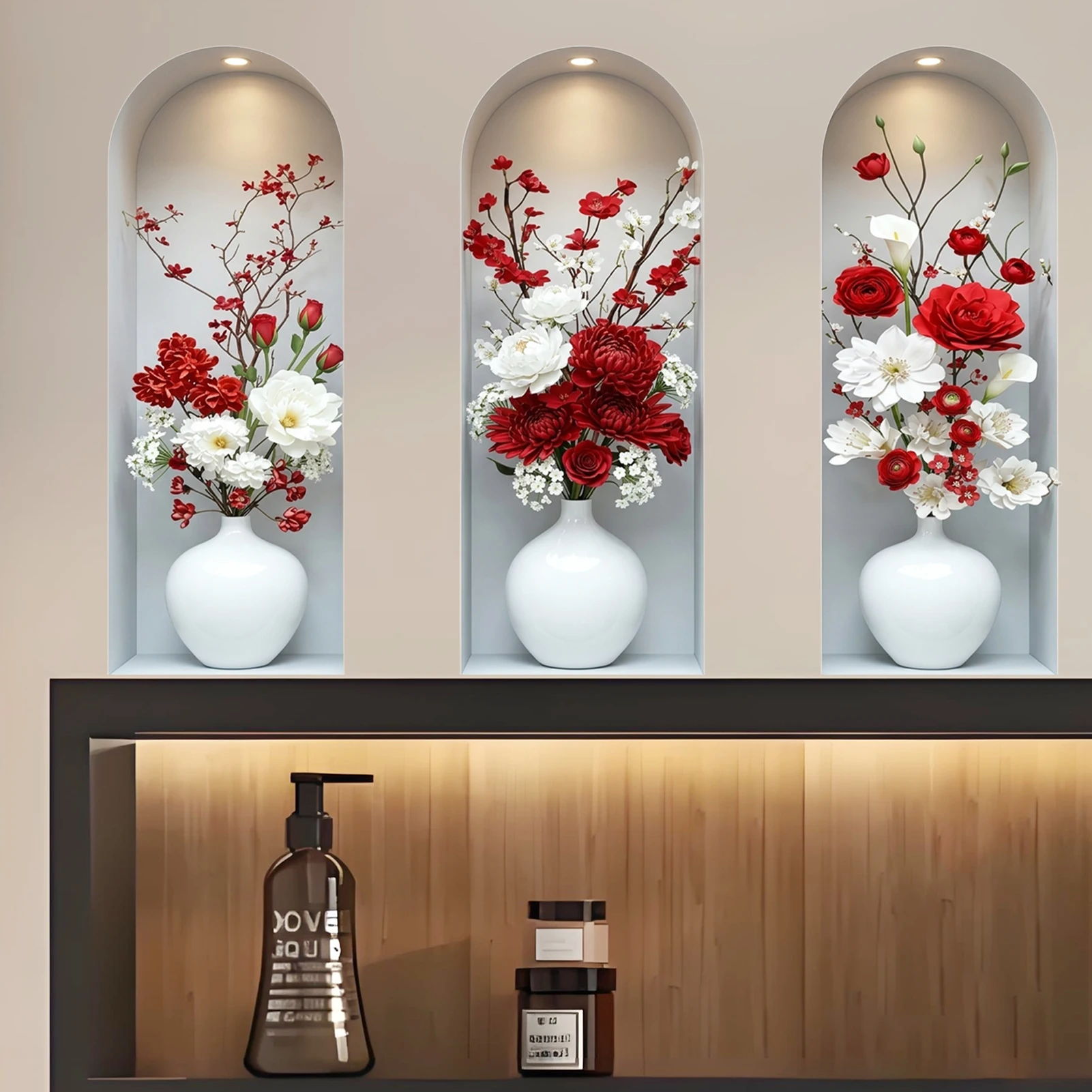 Moderne Rot-Weiße Blumenvase Wandaufkleber, Gewölbte Nischen-Blumendekoration für Wohnzimmer und Schlafzimmer, Abnehmbare Kunst-Wandtattoos zur Heimdekoration