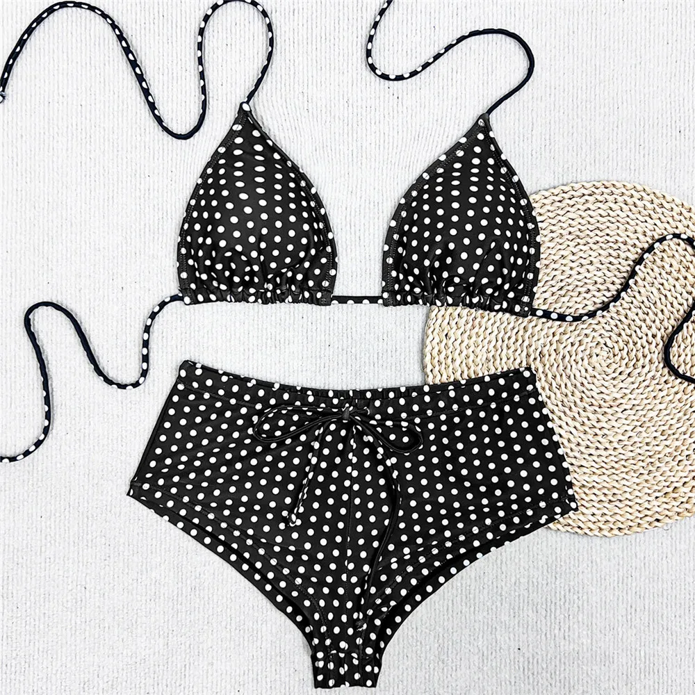 

Black Dot Print Shorts Bottom Swimwear Triangle Halter String Bikini Sexy Swimsuit Woman 2026 Bathing Suit Bikinis Sets De Mujer