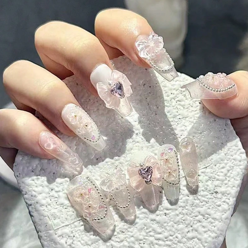 

10 Pcs Pearl Love Diamond Bow Dream Fake Nails Sweet Pink Nail Art Patch Beauty Girl Bow Fairy Press on Nails for Women Gift