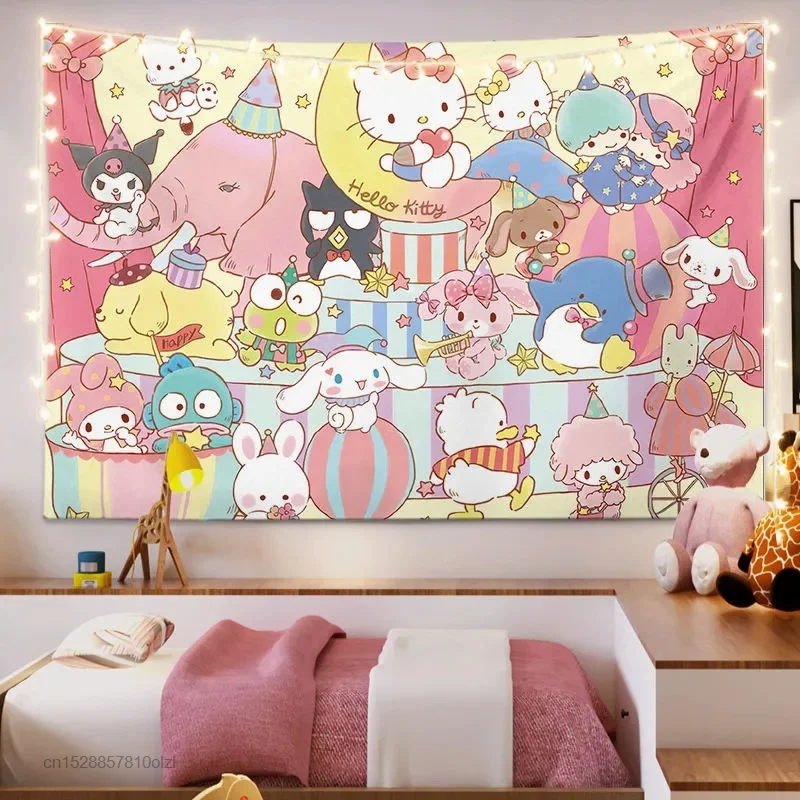 Kawaii Sanrio Hello Kitty Tapestry My Melody Cinnamoroll Kuromi Cartoon Cute Textile Wall Covering Cute Girl Living Room Decor