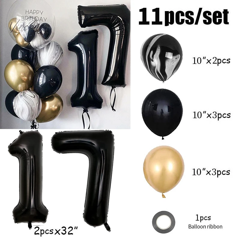 11pcs 32inch Black Number Foil Balloons Happy Birthday Party Decorations Adult Kids 10 11 14 15 18 21 25 30 35 40 50 60 Year Old