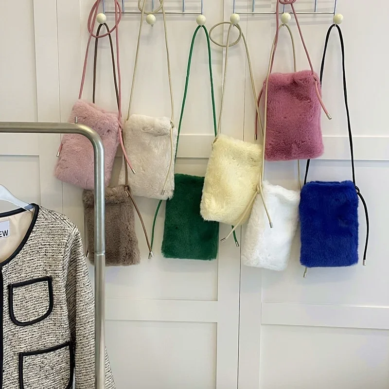 Cute Solid Color Faux Rabbit Fur Plush Shoulder Crossbody Bag Women Fashion Portable Mobile Phone Purse Kawaii Lady Handbag Gift