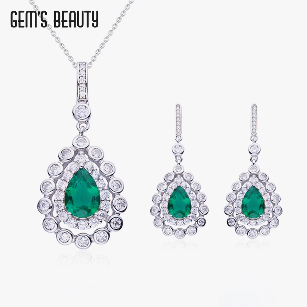 

Gem's Beauty 925 Silver Sterling Necklace And Earrings Women Party Jewelry Set For Wedding Brides Lab Grown Emerald Accessories