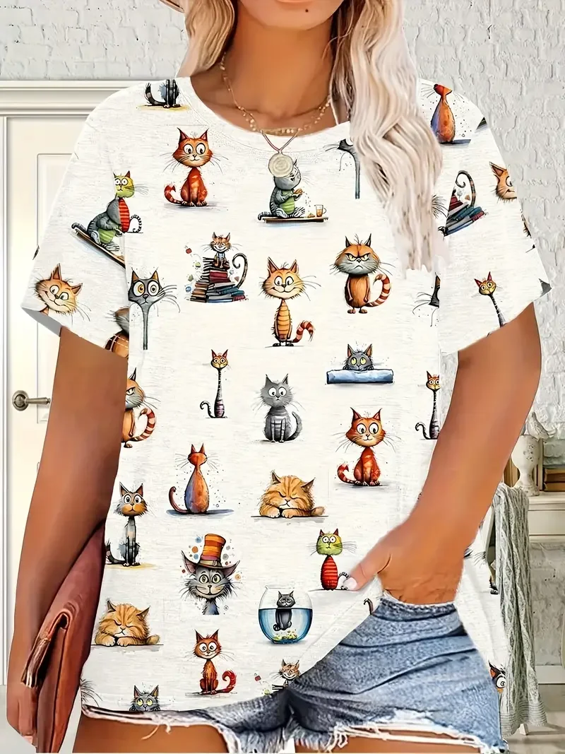 

Women's Casual Short Sleeve T-Shirt , Playful Black Cat Print, Soft Round Neck, Stretchy & Breathable Fabric, Machine Washable