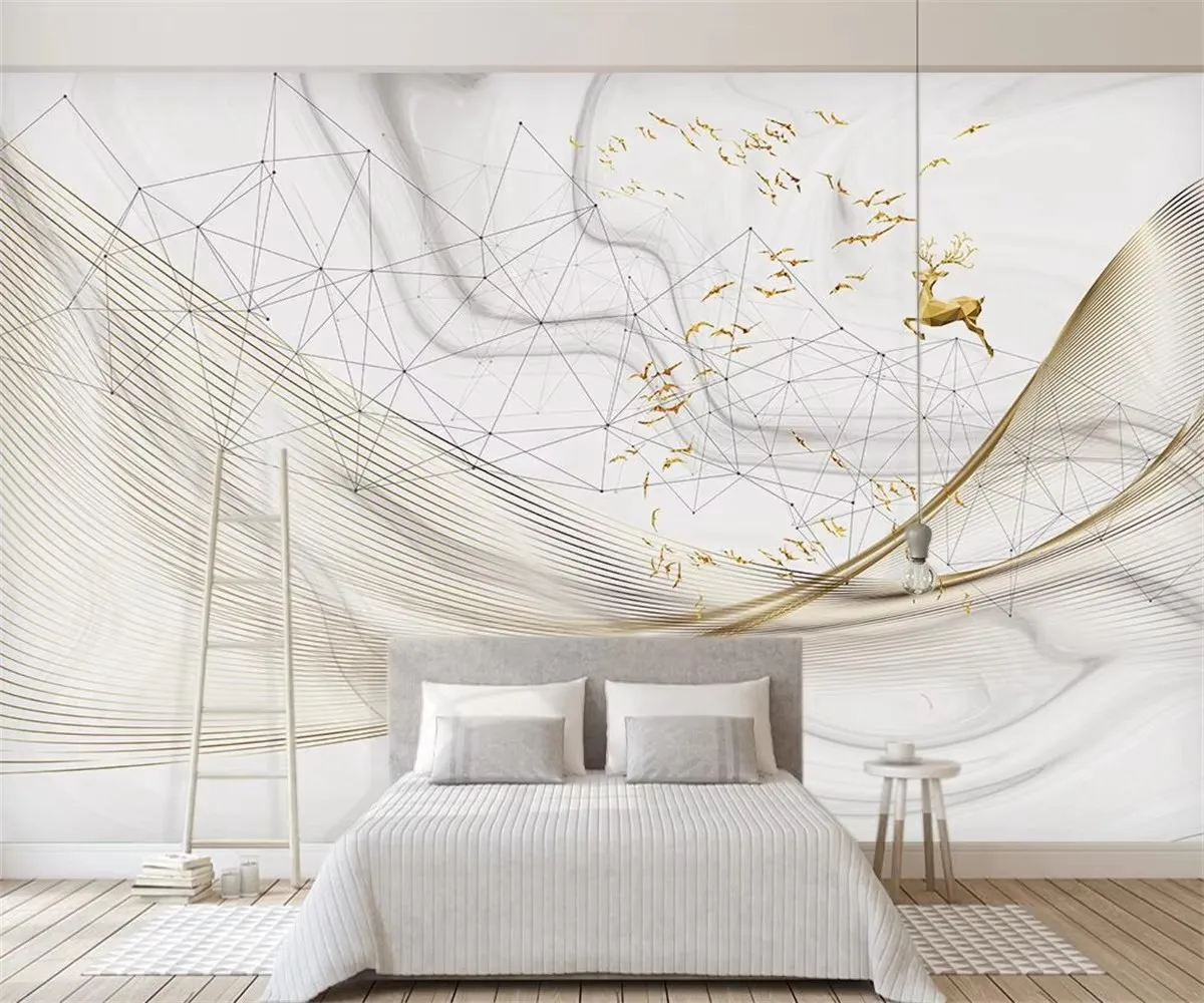 

Custom wallpaper modern abstract marble pattern golden lines flying bird elk bedroom background wall 3d wallpaper
