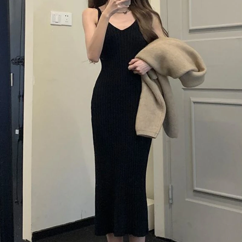 Sleeveless Dresses Women Autumn Newly Chic Vintage Gentle Female Solid Slim Spaghetti Strap Leisure Ulzzang Fashion Knitted Ins