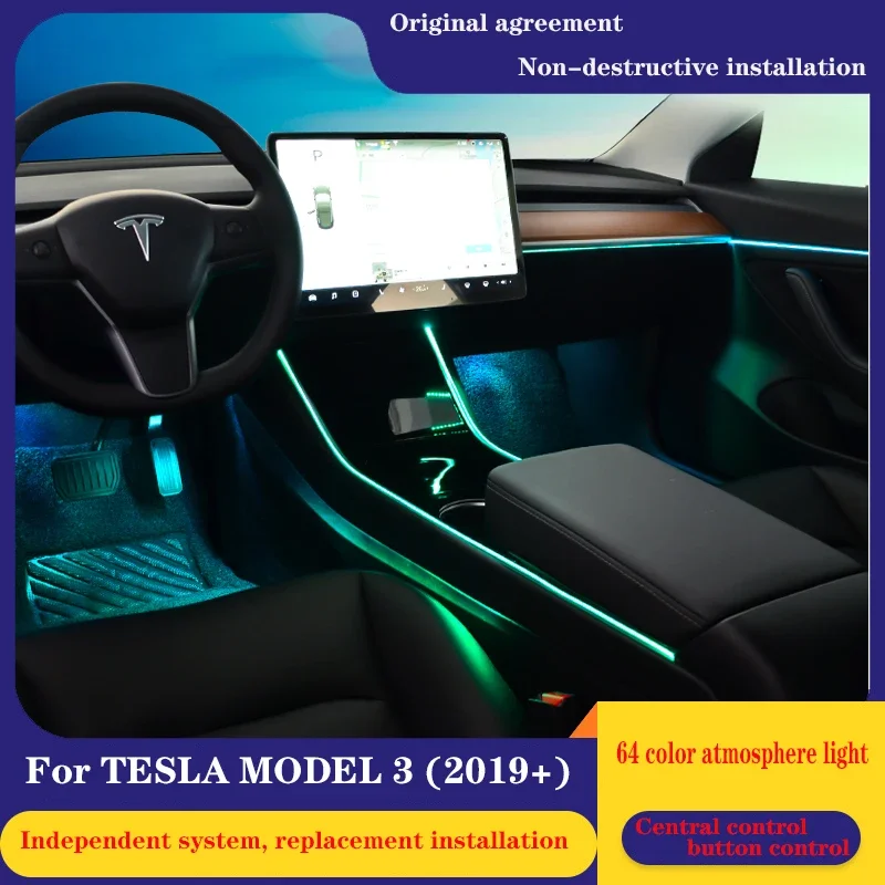 

Для Tesla Model3 model 3 Y X S 2019 2020 2021 автомобильная лампа окружающего освещения 64 цвета украшает лампу с сенсорным управлением