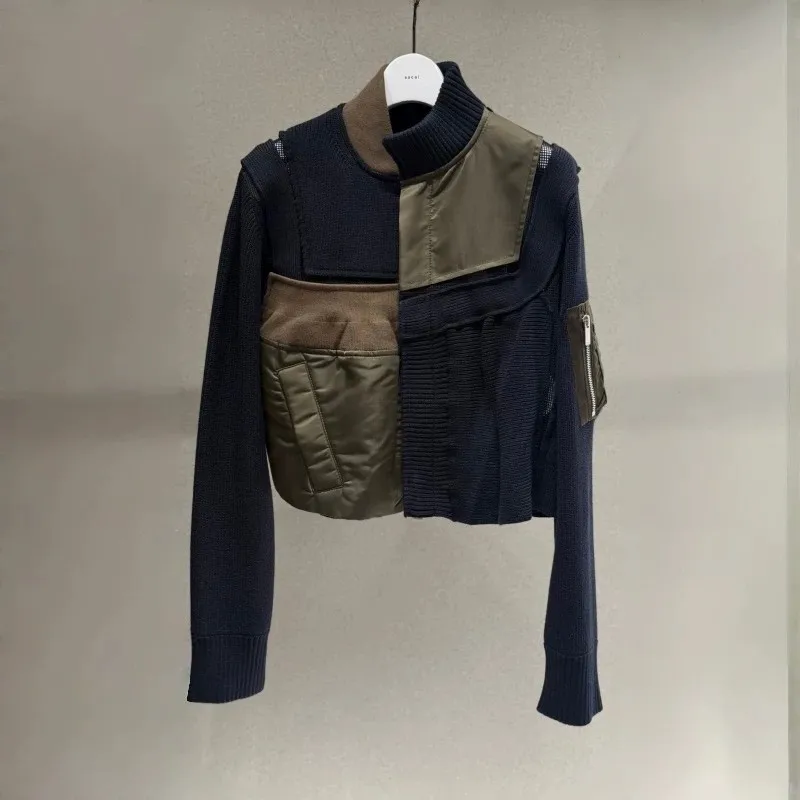 2026 Spring Women Japanese Fashion Stand Collar Knitted Cardigan Patchwork Cropped Short Coat Casual Daily Slim Outer Tops