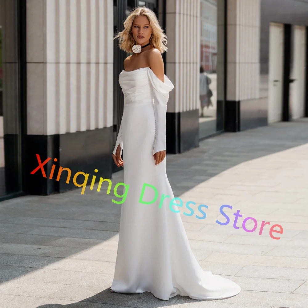 Minimalist Mermaid Wedding Dresses Simple Pleats Strapless Off the shoulder Floor Length Court Train Bridal Gowns Open Back 2024