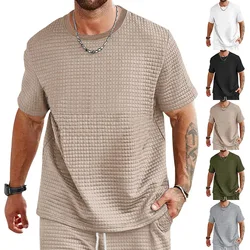 New cross-border sports and leisure short-sleeved solid color round neck small checkered T-shirt fashionable men's clothing