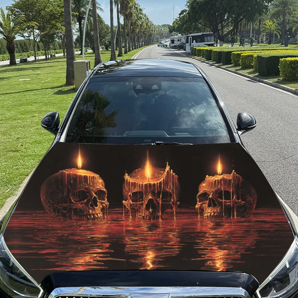الجماجم بين الشموع غلاف فينيل السيارة، ملصق غطاء السيارة المقاوم للماء من مادة PVC، ملصقات ذاتية اللصق مقاومة للخدش لـ Eng #1