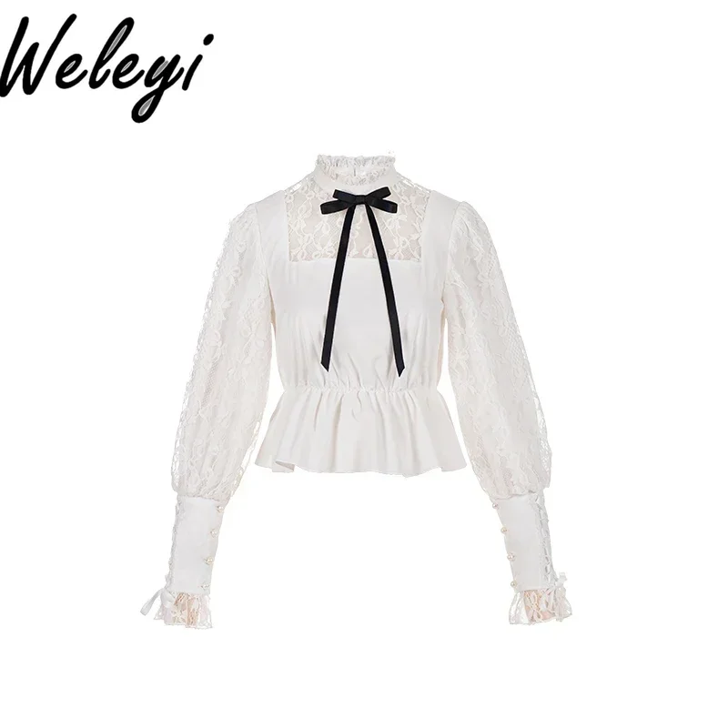 

Sweet Tunics Jirai Kei White Shirt Female 2024 Spring Lolita Top with Ribbon Bow Women's Lace Long Sleeve Stand Collar Blouse