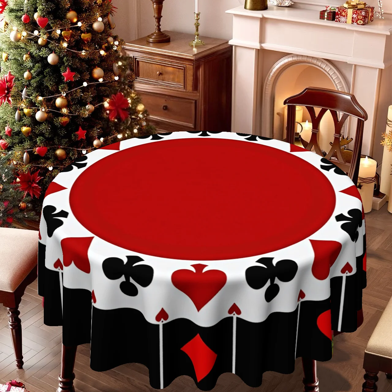 A round tablecloth with themes of Christmas, Easter and playing cards, perfect for family gatherings