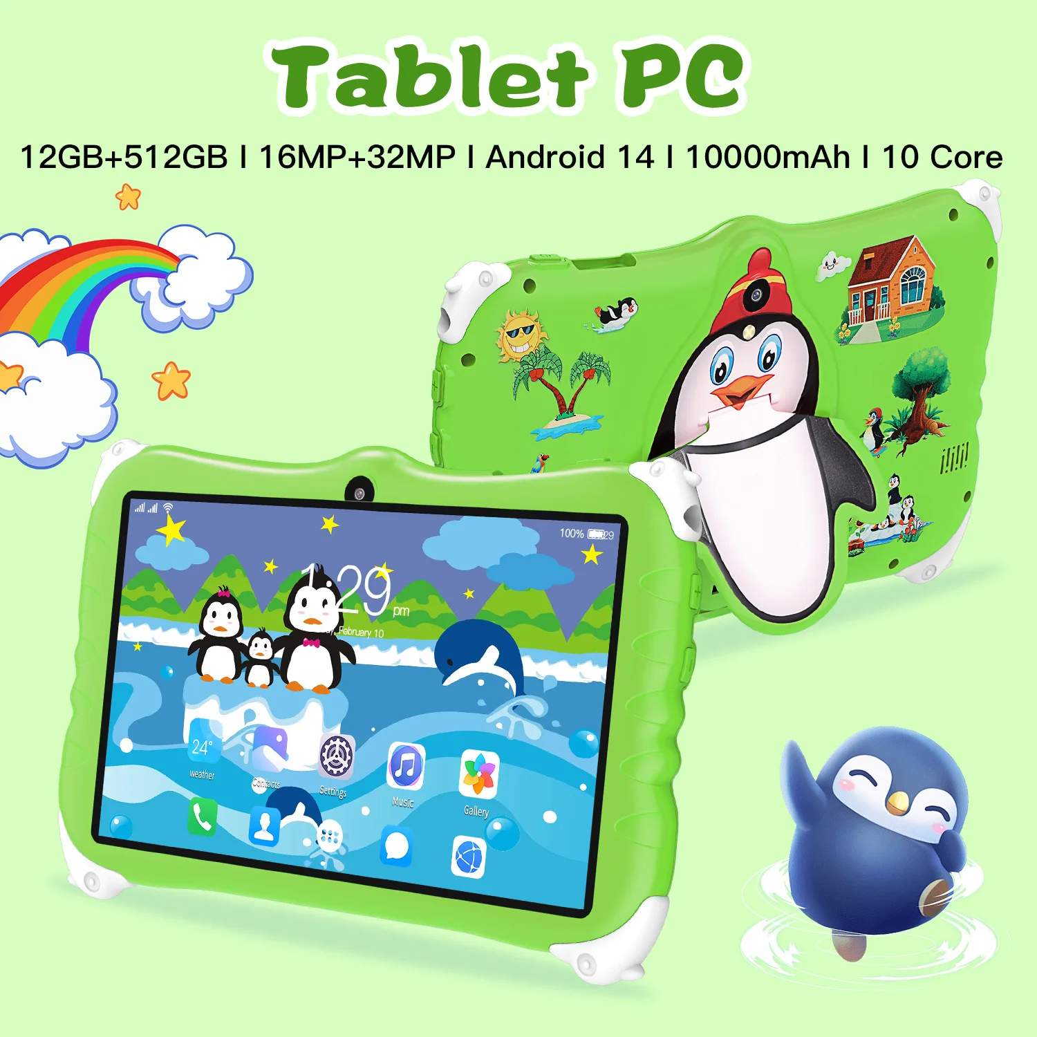 2024 Kids Penguin Android14 7-дюймовый планшет 12 ГБ ОЗУ 512 ГБ ПЗУ 5G GPS Snapdragon888 Bluetooth 5.0 Планшет с защитой от падения и водонепроницаемости