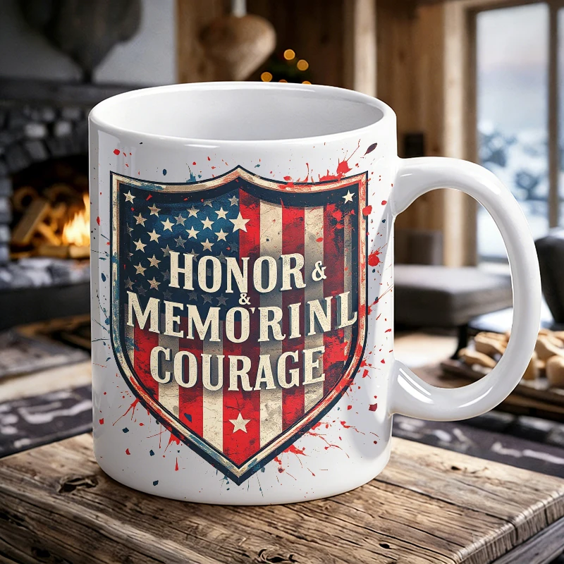 

"Honor & Memorial Courage" Patriotic Shield Ceramic Mug Memorial Day Coffee Cup, milk cup, office cup, gift for friends