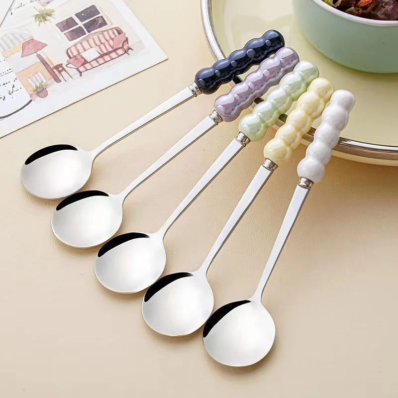 Stainless Steel Round Head Dessert Spoon Light Luxury Pearl Ceramic Handle Coffee Stirring Spoon For Bar Kitchen Dinner Gadgets