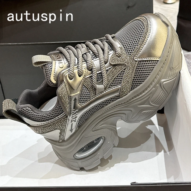

AUTUSPIN 8cm Hidden Heels Shoes Woman Winter Fashion Rhinestones Sneakers Cross-tied Comfy Air Mesh High Platform Sneaker Women