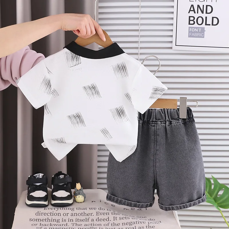 Summer Hot Sale Toddler Boys 2pcs Clothes Set Short Sleeve Polo Shirt Denim Shorts Kids Comfortable Casual Daily Wear Outfits