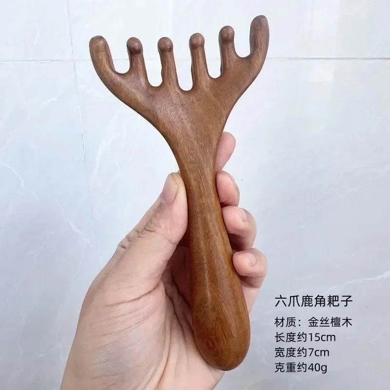 gold wire sandalwood antler rake comb massager scalp five finger meridian long handle comb treatment dredge scraping scratching