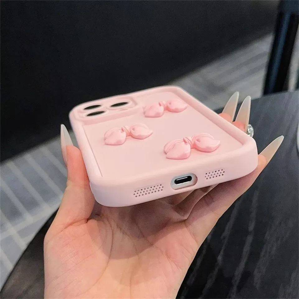 3D süße rosa Schleife einfarbig Candy Handyhülle für iPhone 11 12 13 14 15 16 Pro Max X XS XR 8 Plus weiche Rückseite