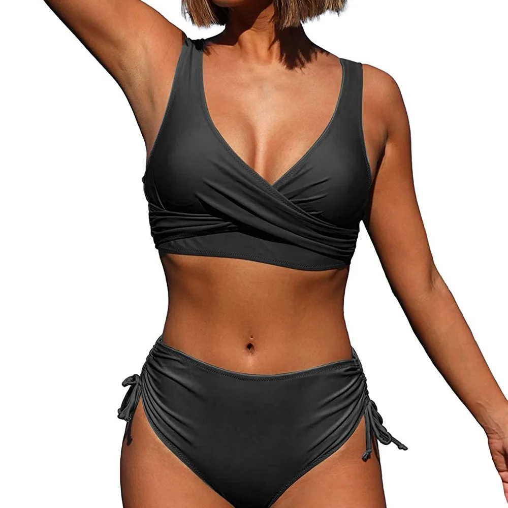 Women's Bikinis Set 2022 Summer Fashion Solid High Waist Swimsuit Push Up Sexy Beach Wear Drawstring Swim Suit Ladies Swimwear
